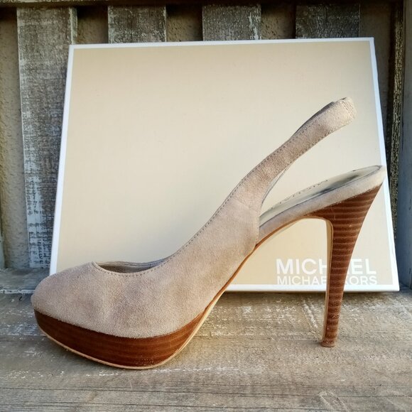 MICHAEL Michael Kors York Peep Toe Sling Back Suede / Wood  4.5" Heel  Size 8.5M - Picture 1 of 16